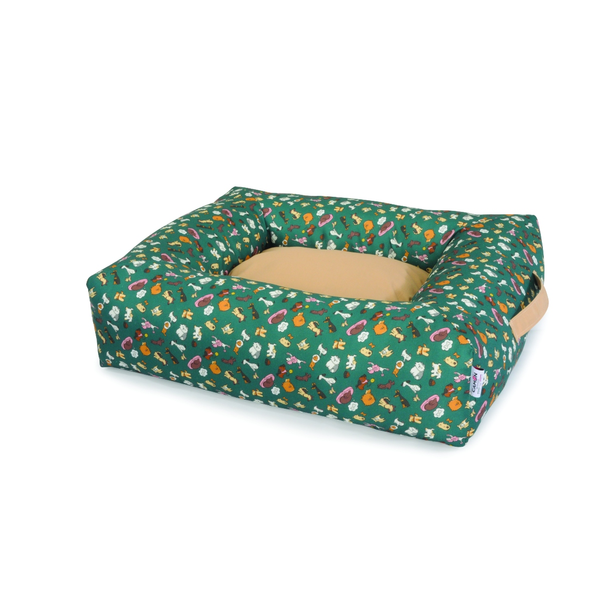 Camon Rectangular Pet Bed with Handle &#8220;Green Happy Dog&#8221; 80X70X19Cm