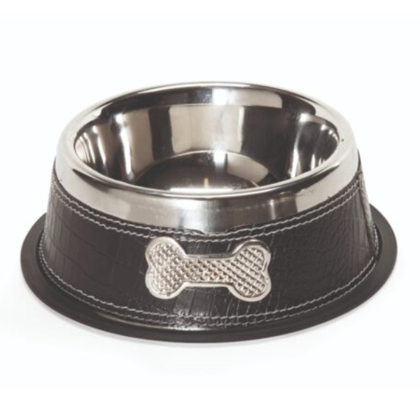 Camon “Chic Bowl” Stainl.Steel Bowl Covered with Leather Cover + Bone- Large